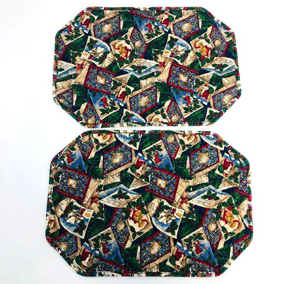 American VINTAGE Handmade Green Quilted Christmas Santa Fabric Placemat Set of 2 - Picture 1 of 4